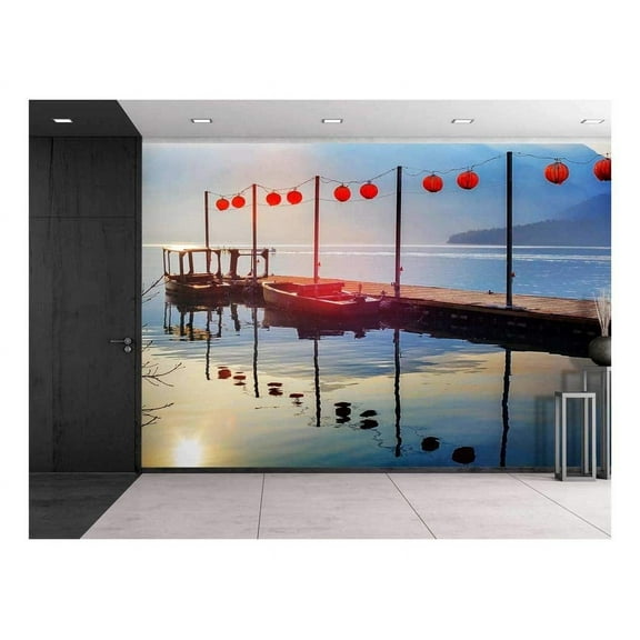 wall26 - Lanterns on a Bridge Over a Lake with Boats by The Side - Wall Mural, Removable Sticker, Home Decor - 66x96 inches