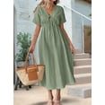 thumbnail image 4 of Summer Dress for Women Casual Short Sleeve Bow-Tie V Neck Ruffle Midi Flowy Dresses Green XL, 4 of 8