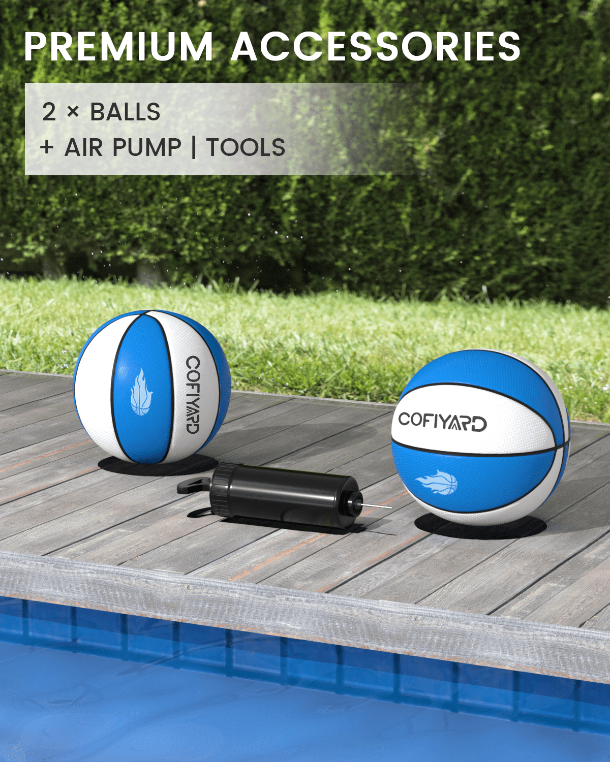Cofiyard Swimming Pool Basketball Hoop, 32" Shatterproof PC Backboard, Adjustable Poolside Basketball Goal with 2 Balls Outdoor for Teens Adults