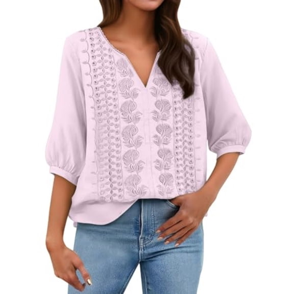 Linen Tops For Women Embroidered 3/4 Sleeve Bohemian Peasant Shirts V Neck Boho Spring 2026 Blouse Tunic Purple L