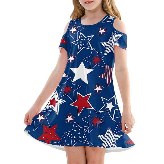 Abcomgle Girls Summer Dress Size 14-16 Stars and Stripes Graphic 4th Of July Dresses Casual A-Line Cold Shoulder Tank Dresses Cute Pleated Independence Day Skirt 9-10 Years