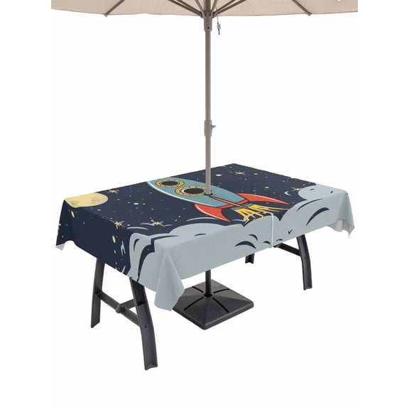Outdoor Tablecloth with Umbrella Hole and Zipper, Cartoon Rectangle Table Cloth 60x84 Inch Waterproof Tablecloth, Moon Stars Modern Art Picnic Table Cover for Patio Camping