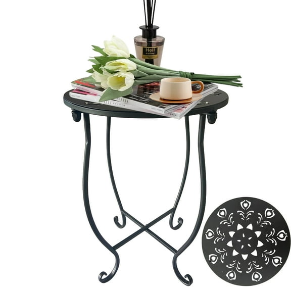 ZEECER Outdoor Side Table, 14-inch Small Round Metal Patio Table with Flower Cut-out Design, Modern Rust-proof Portable End Table Patio Side Table for Outside Garden Balcony Yard & Indoor Use 1 Pack