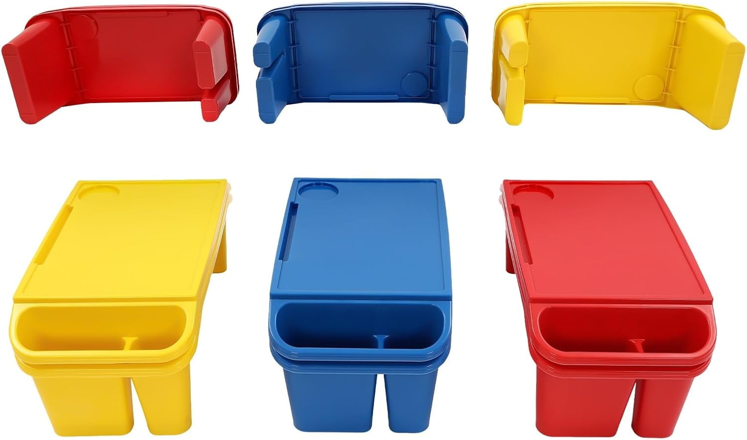6 Pcs Lap Desk Tray, Portable Colorful Rectangular Kids Lap Bed Table, Plastic Breakfast Laptop Trays with Side Pockets, Stackable Lap Desk for Coloring Books Books Snacks