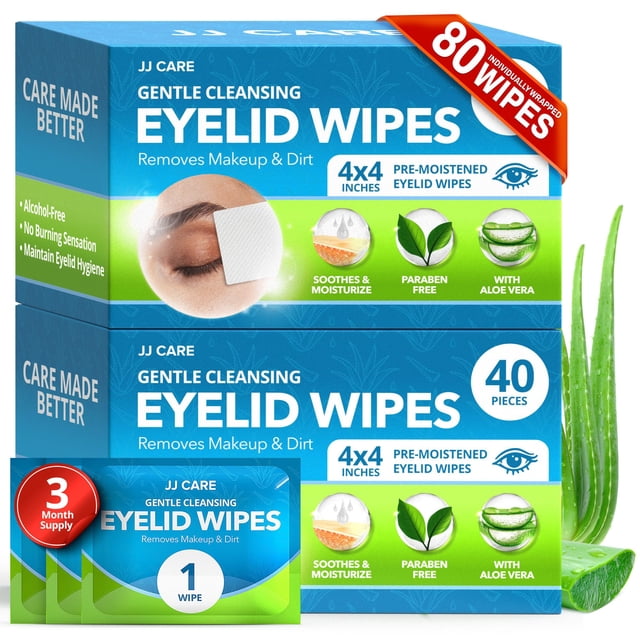 Toallitas limpiadoras de párpados JJ CARE, caja de 80 unidades, envueltas individualmente