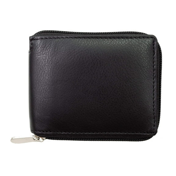 RFID Blocking Genuine Leather Men's Bifold Premium Cowhide Wallet Zip Around Center Flap