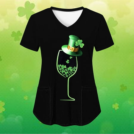 

MELDVDIB Womens St Patricks Day Nursing Scrub Tops Working Uniform Short Sleeve V Neck Workwear Casual Summer Blouse T Shirts with Pockets Gift on Clearance