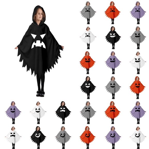 KHONTS Ghost Face Poncho for Toddler Kids Hooded Cloak Halloween Performance Clothes Spooky Capes 25-White XS