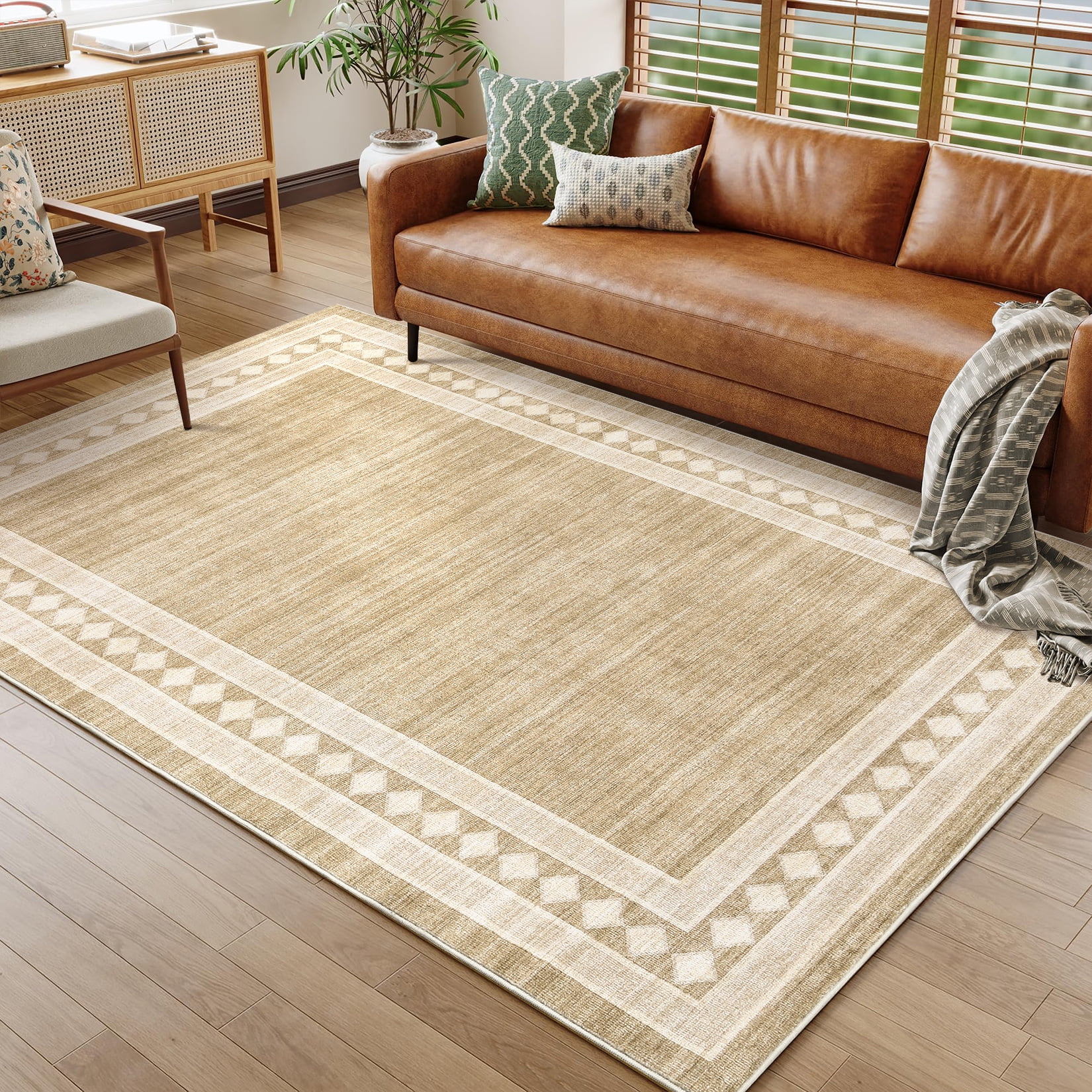 Garvee 9'x12' Modern Area Rug Solid Bordered Rugs, Washable Geometric Neutral Accent Carpet with Non-Slip Backing, Low Pile Stain-Resistant Rug for Living Room Dining Room Home Office, Jute Color