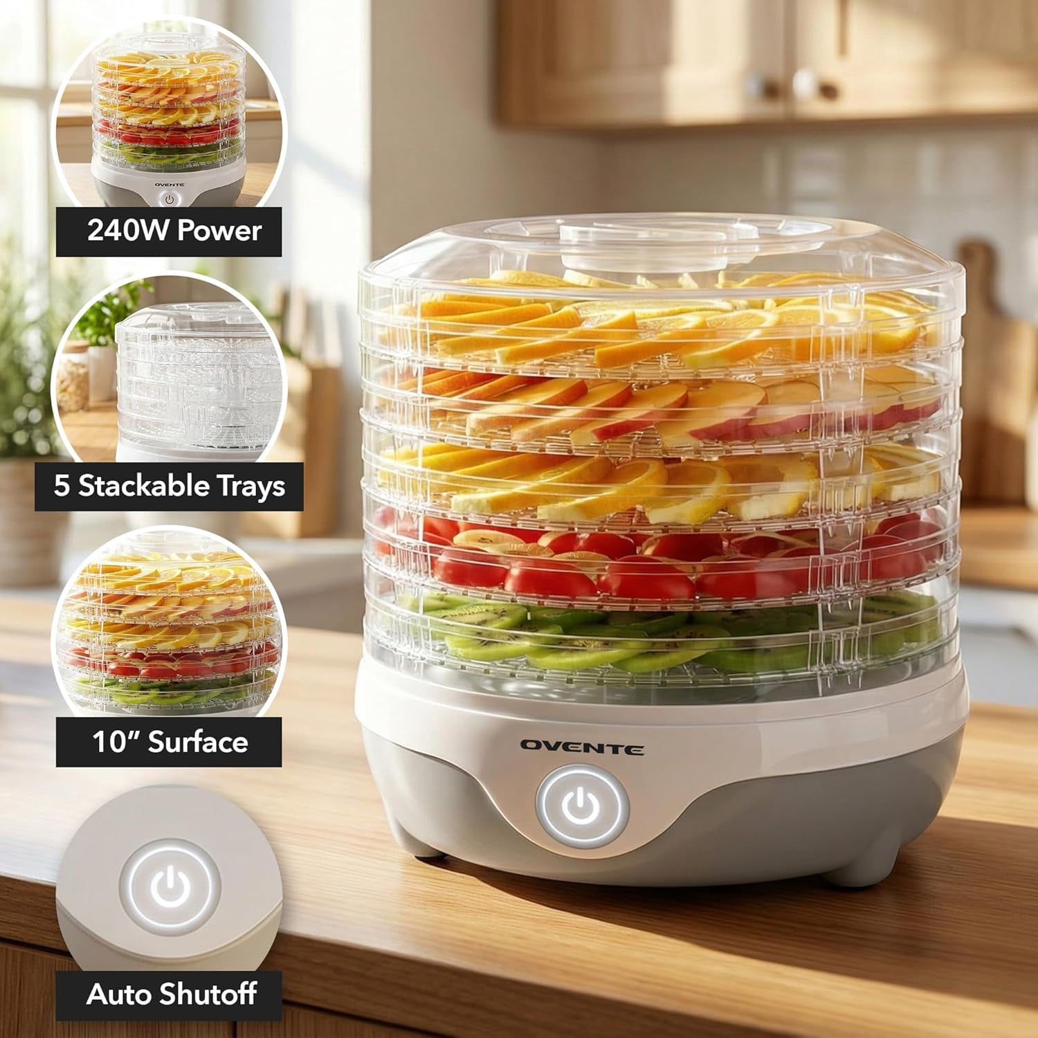 OVENTE Food Dehydrator Machine with 5 Stackable Clear Trays and Drying Space, 240W Electric Food Preserver and Dryer for Snacks, Beef Jerky, Fruits, Veggies, Yogurt and Herbs, Grey DF215GY