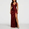thumbnail image 4 of SAWOBUUN Womens Satin High Slit Maxi Dress Sleeveless V Neck Ruched Bodycon Long Dress for Evening Party Prom Wedding Guest, 4 of 9