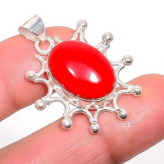 Red Coral 925 Sterling Silver Pendant 1.37" P7347-34, Christmas Gift, Gemstone Silver Jewelry, Coral Pendant, New Year Sale