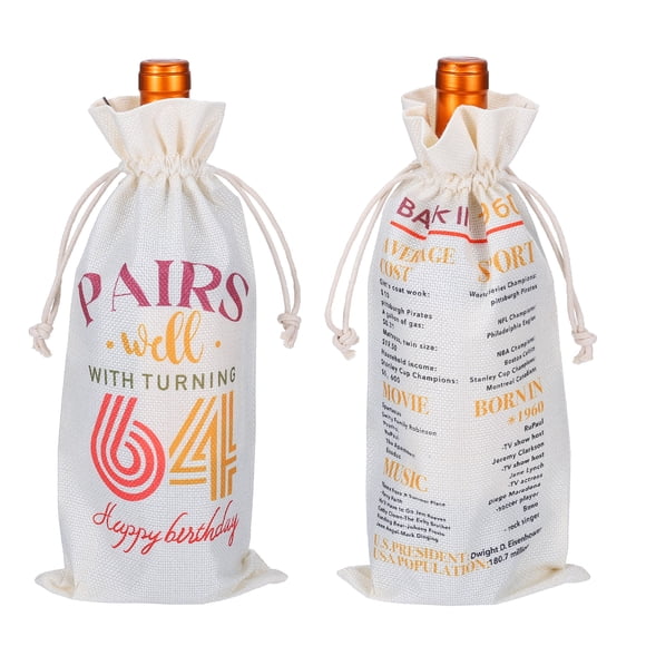 Happy 64th Birthday Gifts Wine Bag for Women Men for Her Him Anniversary Party Supplies, Beige