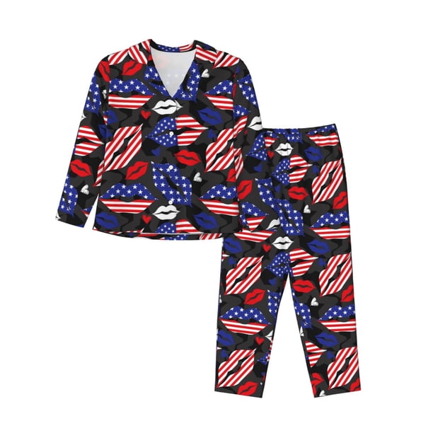 Balery American With Lips Conjunto de Pijama con Estampado para Mujer, Conjunto de Dos Piezas con Manga Larga, Ropa de Dormir Suave con Bolsillos, Pijamas Cómodos-Medium