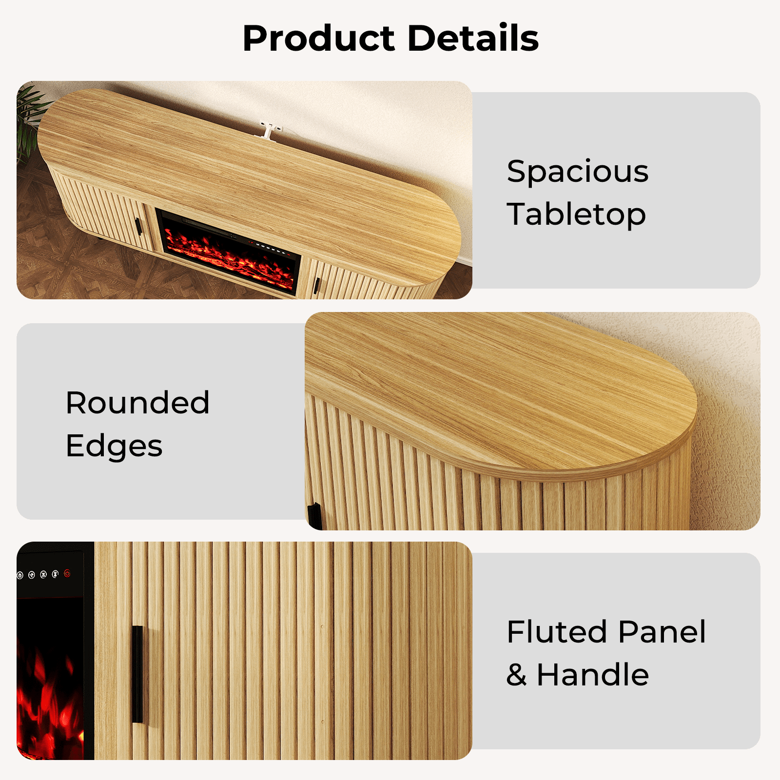 Rocyis 65" Modern Fireplace TV Stand for TVs Up to 75'', Fluted Entertainment Center with Electric Fireplace, Media Console Cabinet for Living Room, Natural Oak
