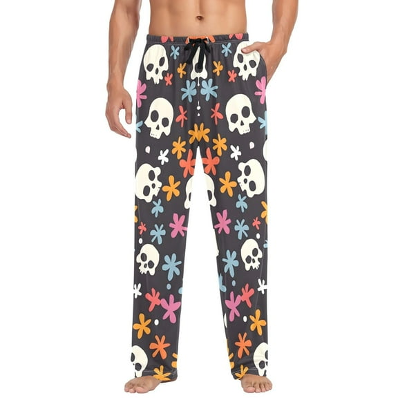 Cotton Mens PJ Pajama Pants Bottoms Waistband Sleepwear with Pockets Skulls and Flower