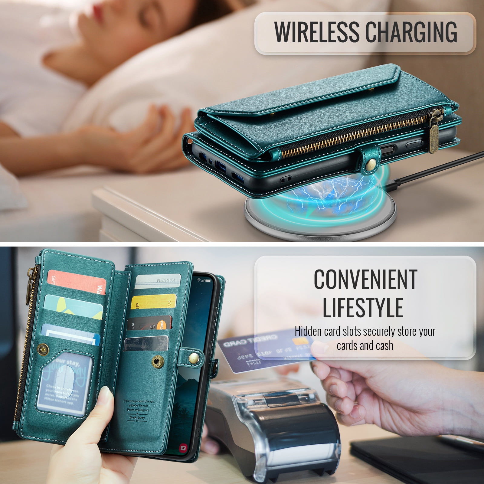Compatible with Samsung Galaxy S25 Plus S25+ 5G Zipper Wallet Phone Case Tempered Glass Screen Protector Crossbody Lanyard Strap Flip Card Holder Slot Cell Cover for S25Plus 25S + S 25 Women Green