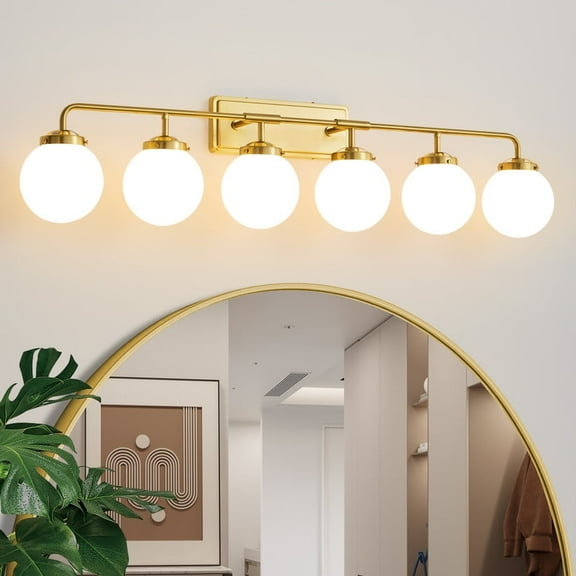 Deyidn 6-Light Modern Vanity Light, Gold Bathroom Light Fixture with Milk White Glass Globes, 45 Inch Bathroom Wall Sconce for Mirror