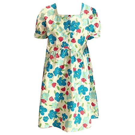 

Girls Dresses Print Ruffle Trim Round Neck Puff Sleeve Flared Casual Dress with Lace up Back