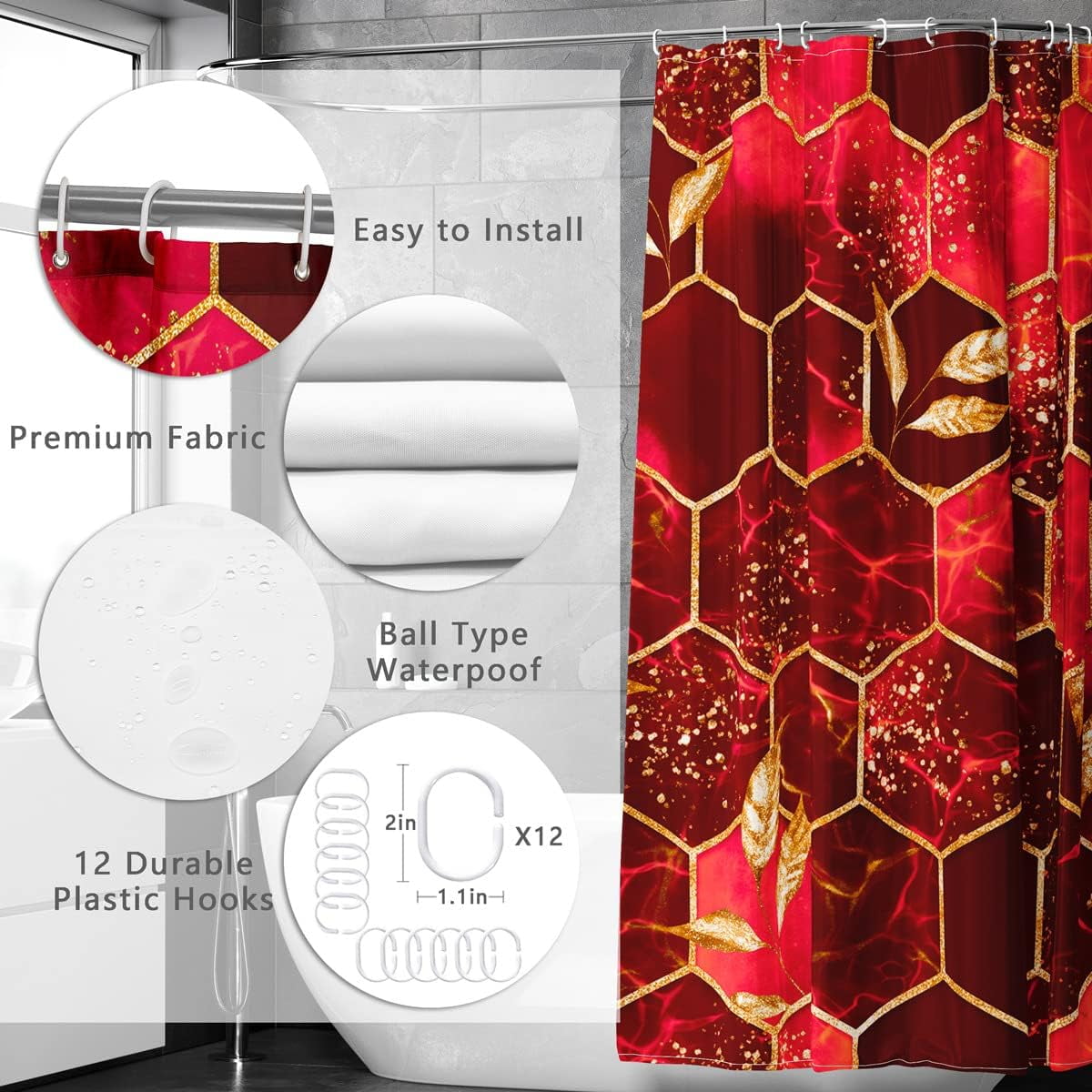 4 Pcs Bathroom Shower Curtain Set,Bathroom Sets with Rugs(Bath Mat,U Shape and Toilet Lid Cover Mat) and 12 Hooks,Sky Blue Honeycomb Marble