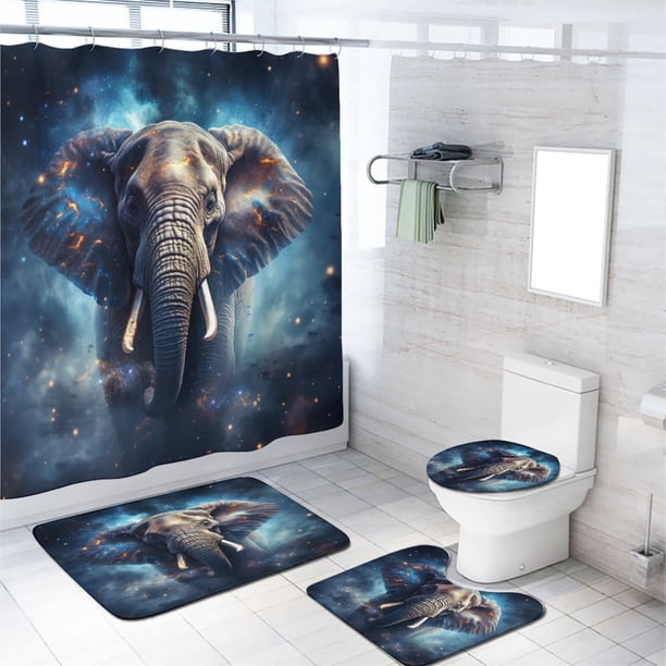 Juego de 4 cortinas de ducha con diseño de elefante de fantasía, diseño de animales salvajes africanos, bosque, cielo estrellado, con alfombras antideslizantes, tapa de inodoro y alfombrilla de baño,