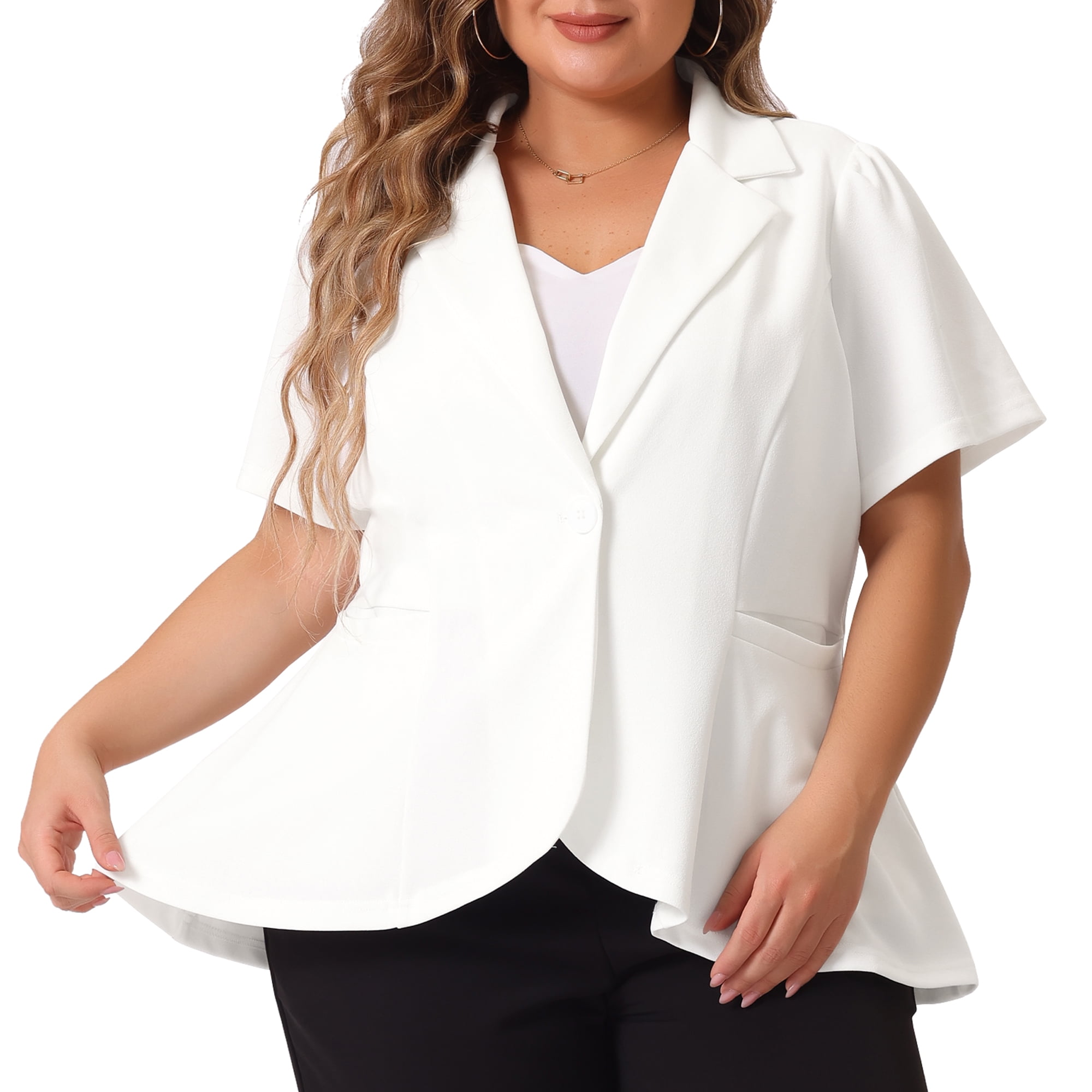 DARING DIVA Women's Plus Short Sleeve Work Button Jacket Suit Blazers White 3X