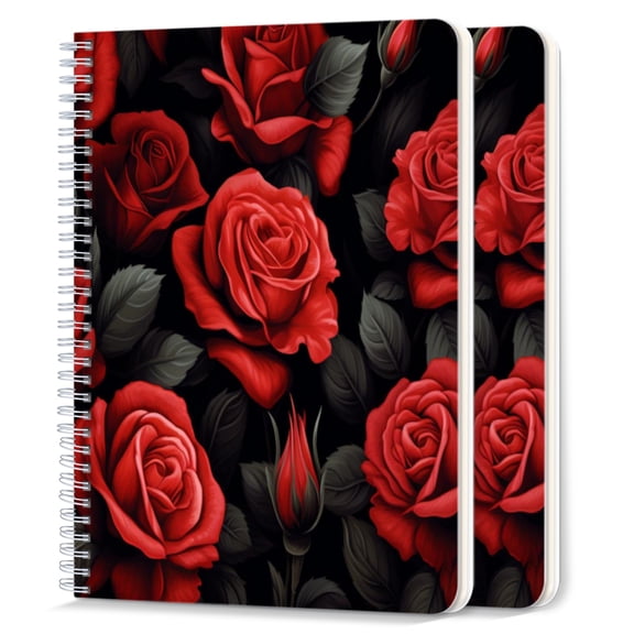 Spiral Notebook,College Ruled Journal,8.26" x 5.71" 50 Sheets/100 Pages,2 Pack - Beautiful Red Rose Flowers on Black Background