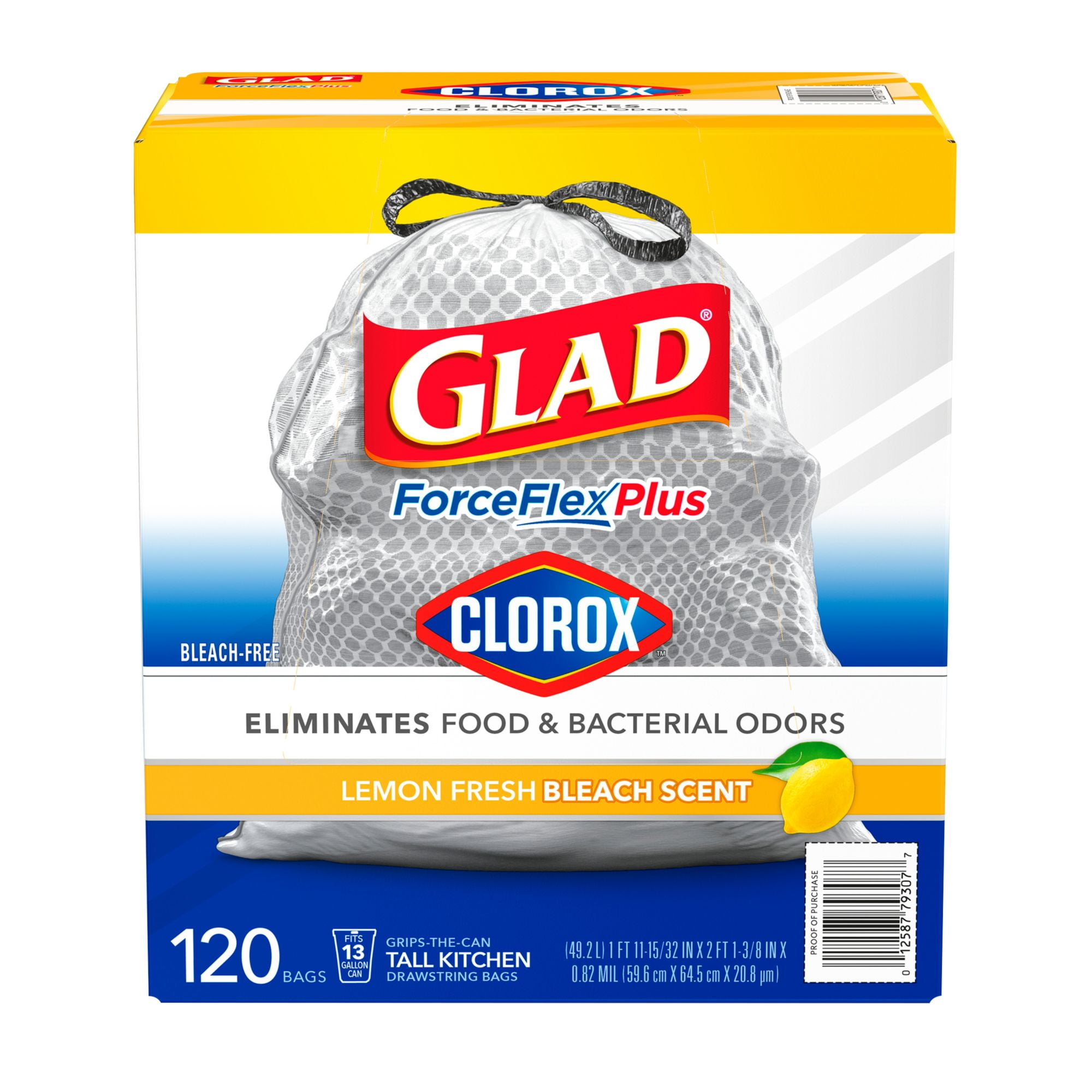 Glad ForceFlex Plus Tall Kitchen Trash Bags With Clorox, Lemon Fresh Bleach  Scent (13 gal., 120 count)