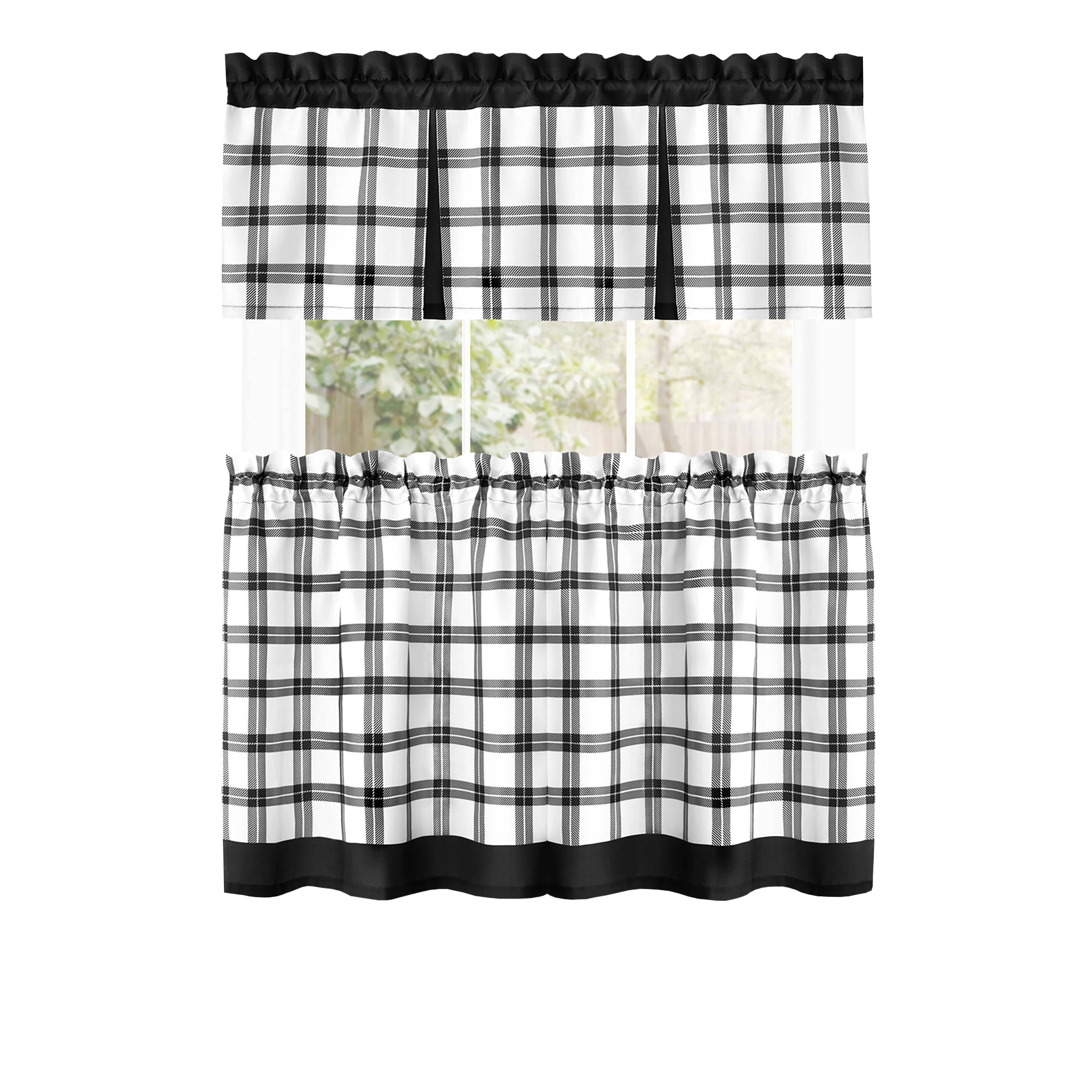Achim Tate Plaid Light Filtering Tier and Valance Curtain Set, Black, 58" x 24"