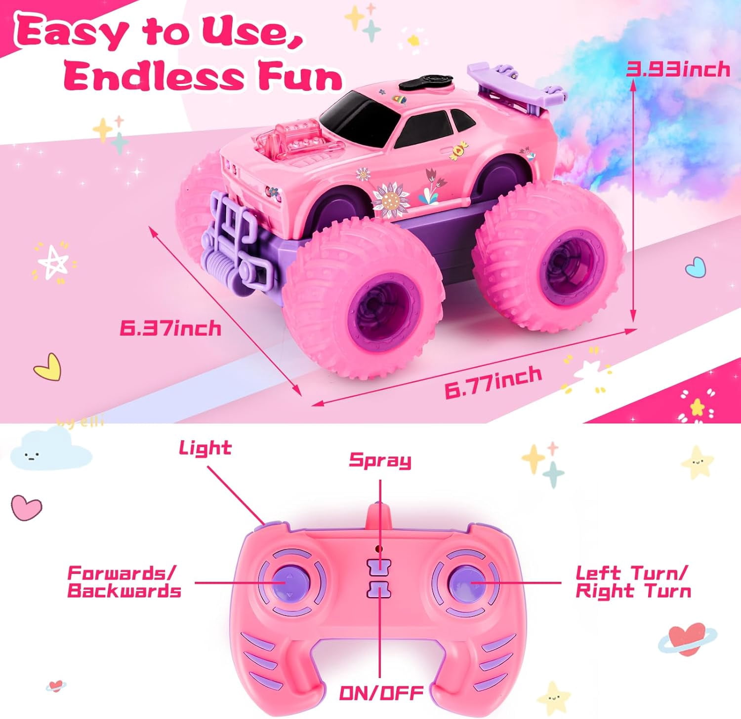 Drefirsa Princess Remote Control Car, Pink Monster Truck with Flashing Light, Spray, Stunt and DIY Sticker