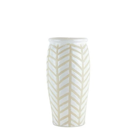 Benzara BM188107 Crackled Textured Ceramic Table Vase with Geometric Pattern - White & Beige - Large