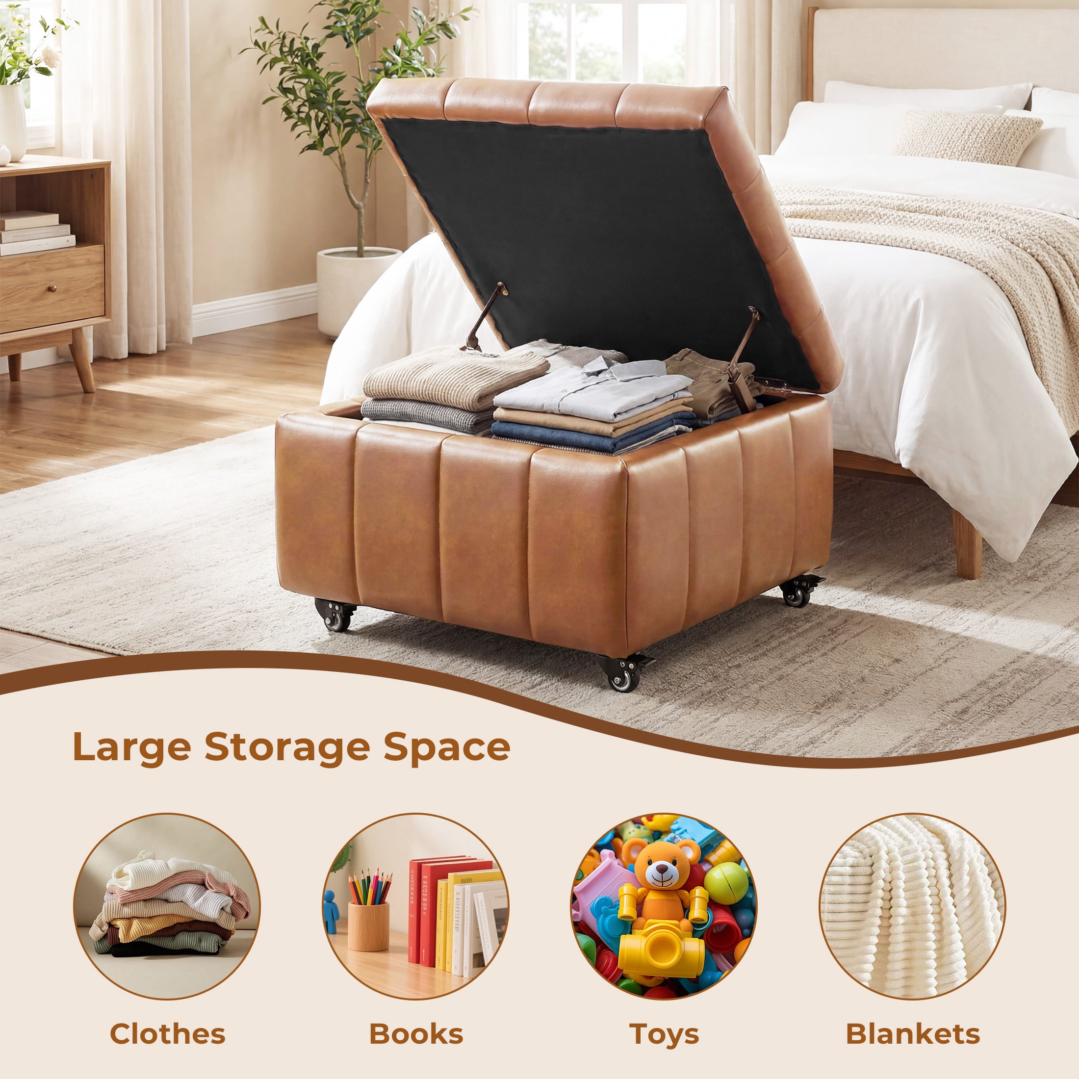 Poshby Square Faux Leather Storage Ottoman, Coffee Table Footrest Stool with Pulley Legs for Living Room or Bedroom, Brown