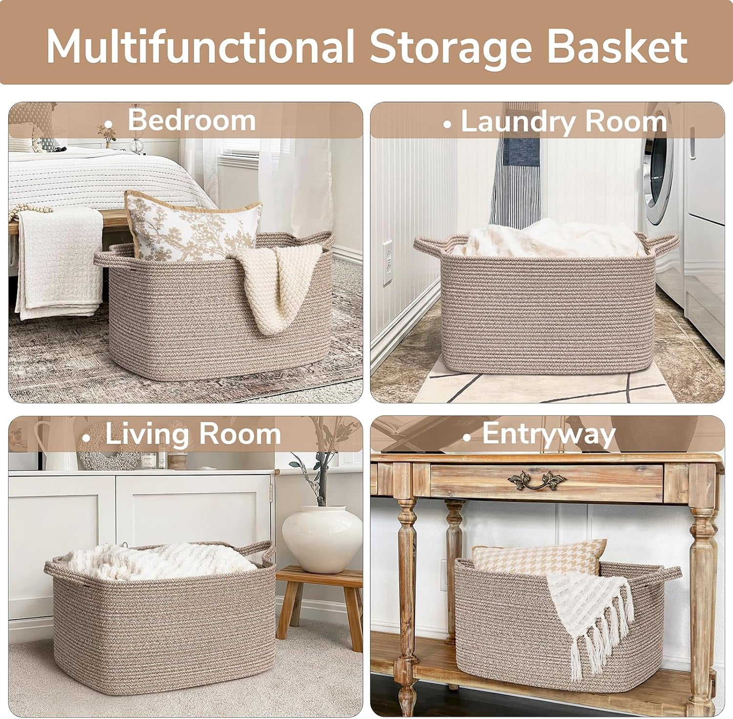PrimeCook Shop Large Woven Storage Basket, 21.6" x 14.9" x 11.8" Blanket Basket for Living Room, Bedroom, Rectangle Rope Storage Organizer for Clothes, Toys, Brown