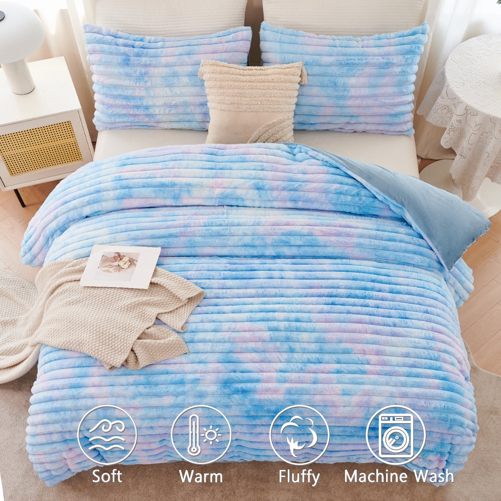 ZRNBAST Fluffy Twin Comforter Set, Tie-dye Pink Blue Plush Fleece Bedding Sets, Super Soft Faux Fur Bed Set with Zipper, Luxury Fuzzy Comforter with 2 Pillowcases(Pink Blue,Twin)
