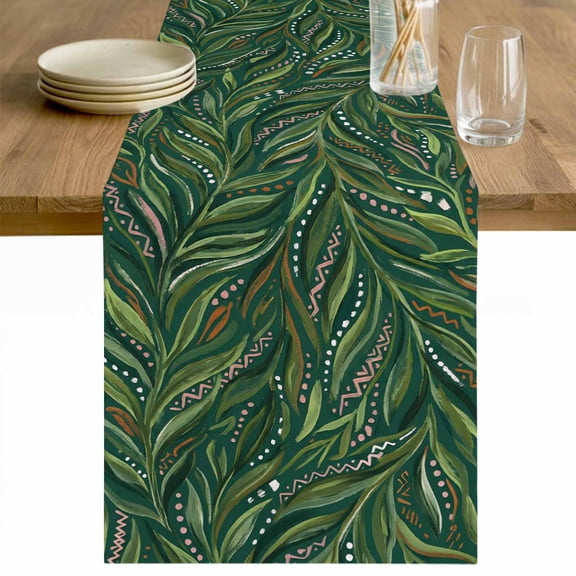 Green Leaves Table Runner - 70 Inch Long Spring Watercolor Ethnic Botanical Geometric Cotton and Linen Blended Dress Scarves Farmhouse Table Runner for Kitchen Dining, Coffee Table, 13" x 70"