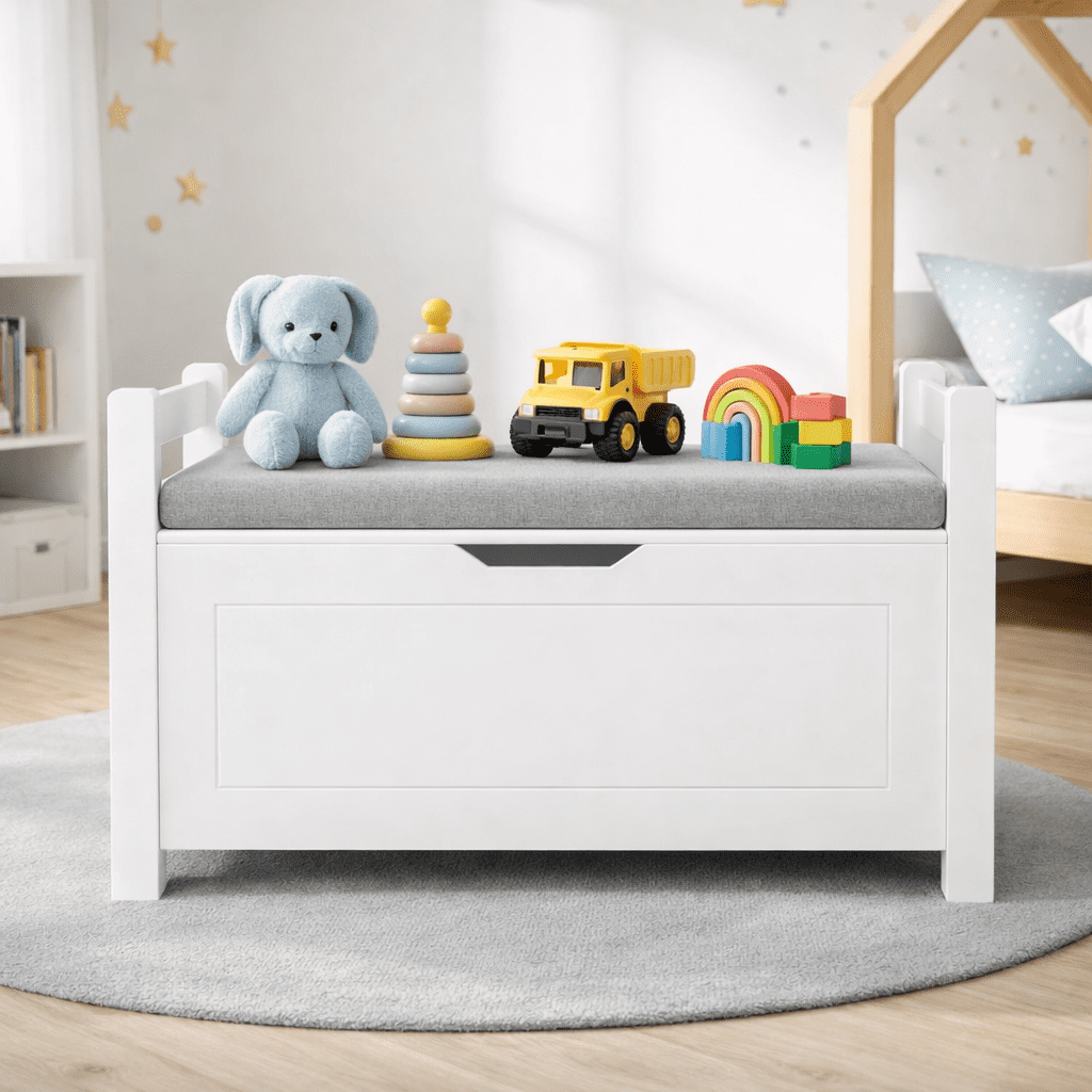 FurnitureR Kids Toy Box Chest with Cushion Seat, White Wooden Storage Bench for Playroom & Nursery, Large Toy Storage Organizer Trunk with Safety Hinge & Flip-Top Lid