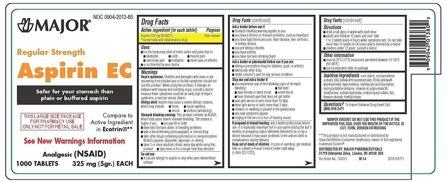 Major Aspirin EC Regular Strength Tablets, Orange, 325 mg, 1000 Count