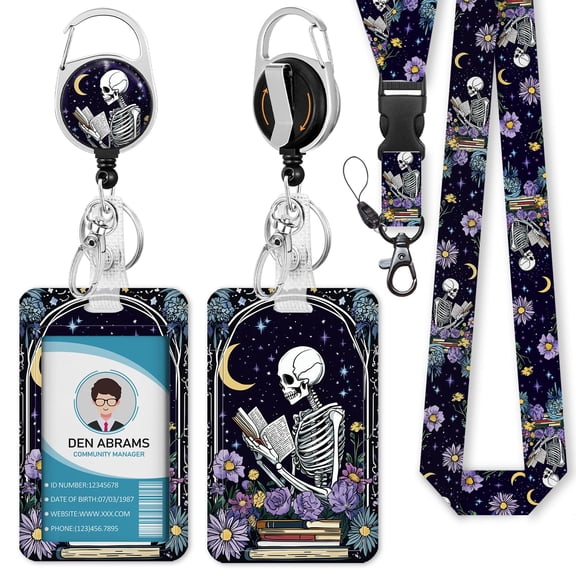 Funny Skull Reading Book Lanyard ID Badge Holder, Detachable Retractable Reel with 360° Clip, Vertical Name Tag Protector for Work or , Black