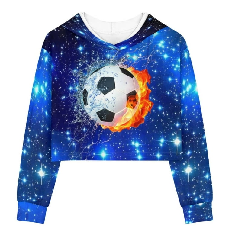 Renewold Fashion Crop Hoodie for Teen Girls Cool Fire Soccer Graphic Preppy Pullover Tops Sweatshirt Casual Drop Shoulder Activewear Tracksuit Size