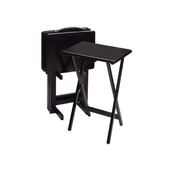 FurniFact Solid Wood TV Trays Set Of 4 With Storage Rack in Black Finish