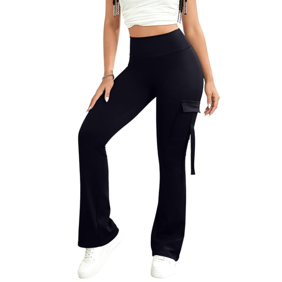 Yoga Pants with Pockets for Women High Waist Flare Yoga Pants with Side Pocket Casual Stretchy Workout Leggings Fitness Bottoms Black L