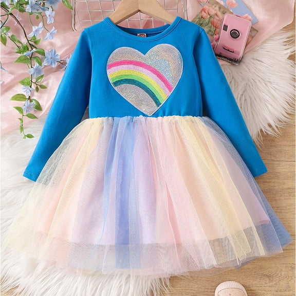 USSUMA Girls Dresses Long Sleeve Crewneck Rainbow Graphic Dress Tulle Princess Cute Dresses Knit Mid-Length Hawaiian A-Line Dress Blue 6 Years