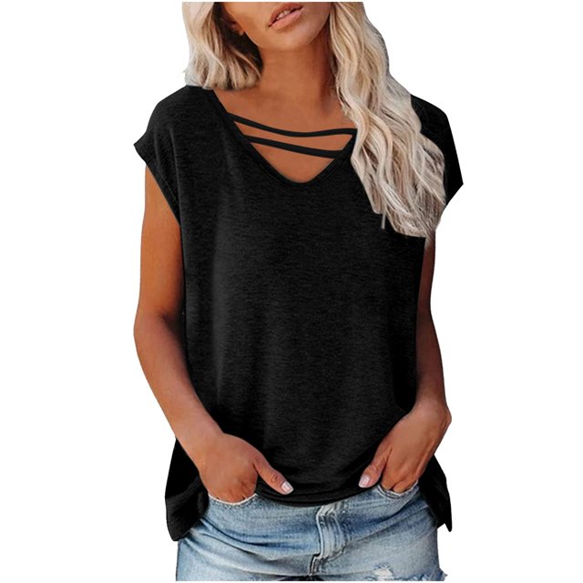 CEHVOM Femmes Casual Solide Couleur Pull Col Rond Manches Courtes T-shirt Tops Dégagement