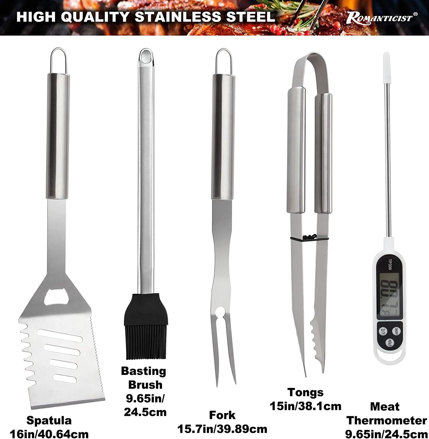 ROMANTICIST 28PCS BBQ Accessories Set with Thermometer - The Very Best Grill Gift on Christmas - Heavy Duty Stainless Steel Grill Set in Case for Outdoor Cooking