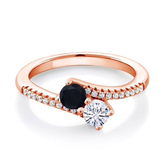 Gem Stone King 18K Rose Gold Plated Silver Black Onyx and White Moissanite Bypass Ring for Women (0.69 Cttw, Gemstone December Birthstone, Round 4MM, Size 6)