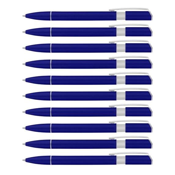 10 Business Metal Pens Pack - Silver accent, Click to write - Blue