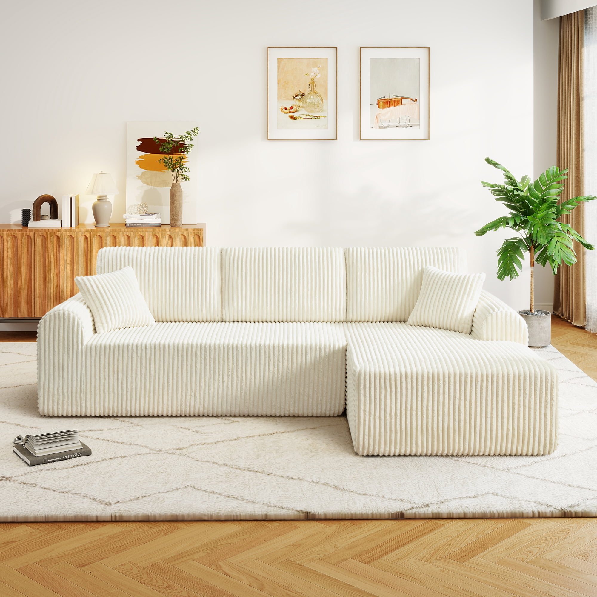 Aukfa 109" Modular Cloud Sectional Sofa with L-Shape Chaise, Corduroy Upholstered Deep Seat Couch, Right Facing Chaise, No Assembly Boneless Sofa for Living Room/Bedroom/Apartment, White