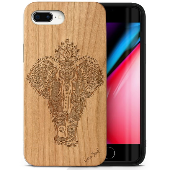 Case Yard Wooden Case Outside Soft TPU Silicone, Slim Fit Shockproof Wood Protective Phone Cover for Girls Boys Men and Women, Supports Wireless Charging Elephant Indian Design case for iPhone-8-Plus