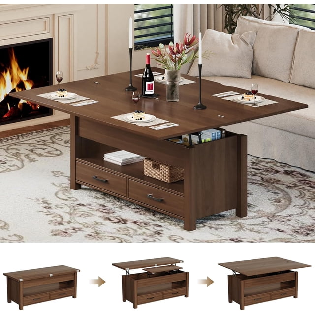 CazToi Table Basse de 40 Pouces à Plateau Relevable, Multifonction, Convertible en Table de Salle à Manger avec Tiroirs et Rangement Caché