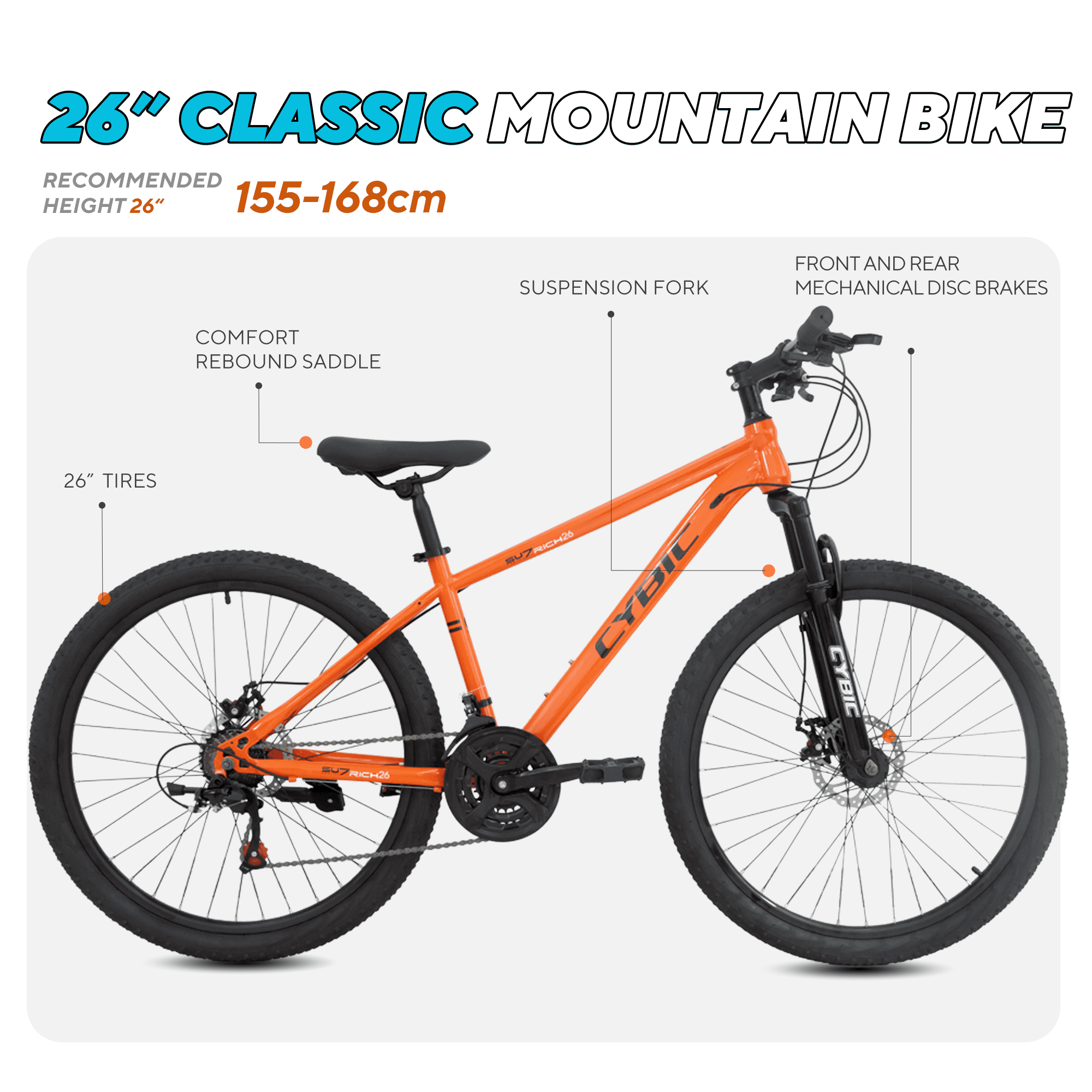 CYBIC 26 inch Mountain Bike for Adults & Teens, 21-Speed MTB Bicycle for Men & Women, Dual Disc Brakes, Suspension Fork, Comfort Saddle